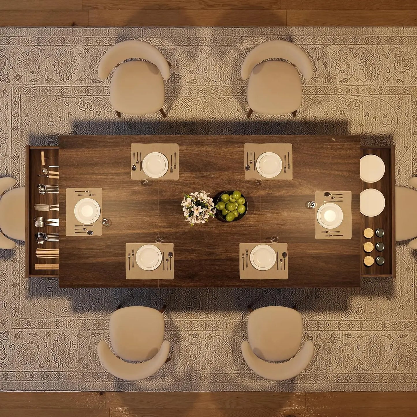 Wooden Rectangular Kitchen Table with Double Pedestal & Large Tabletop Dining Room Table for 6-8 with 2 Drawers Walnut