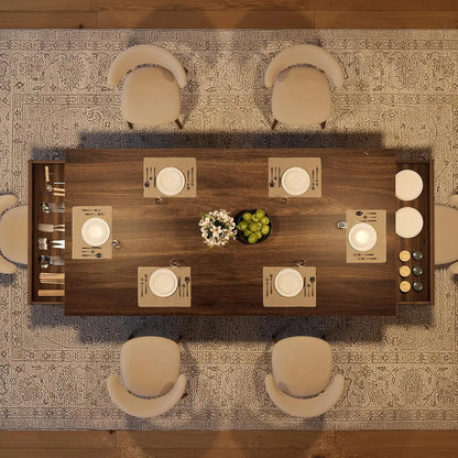 Wooden Rectangular Kitchen Table with Double Pedestal & Large Tabletop Dining Room Table for 6-8 with 2 Drawers Walnut