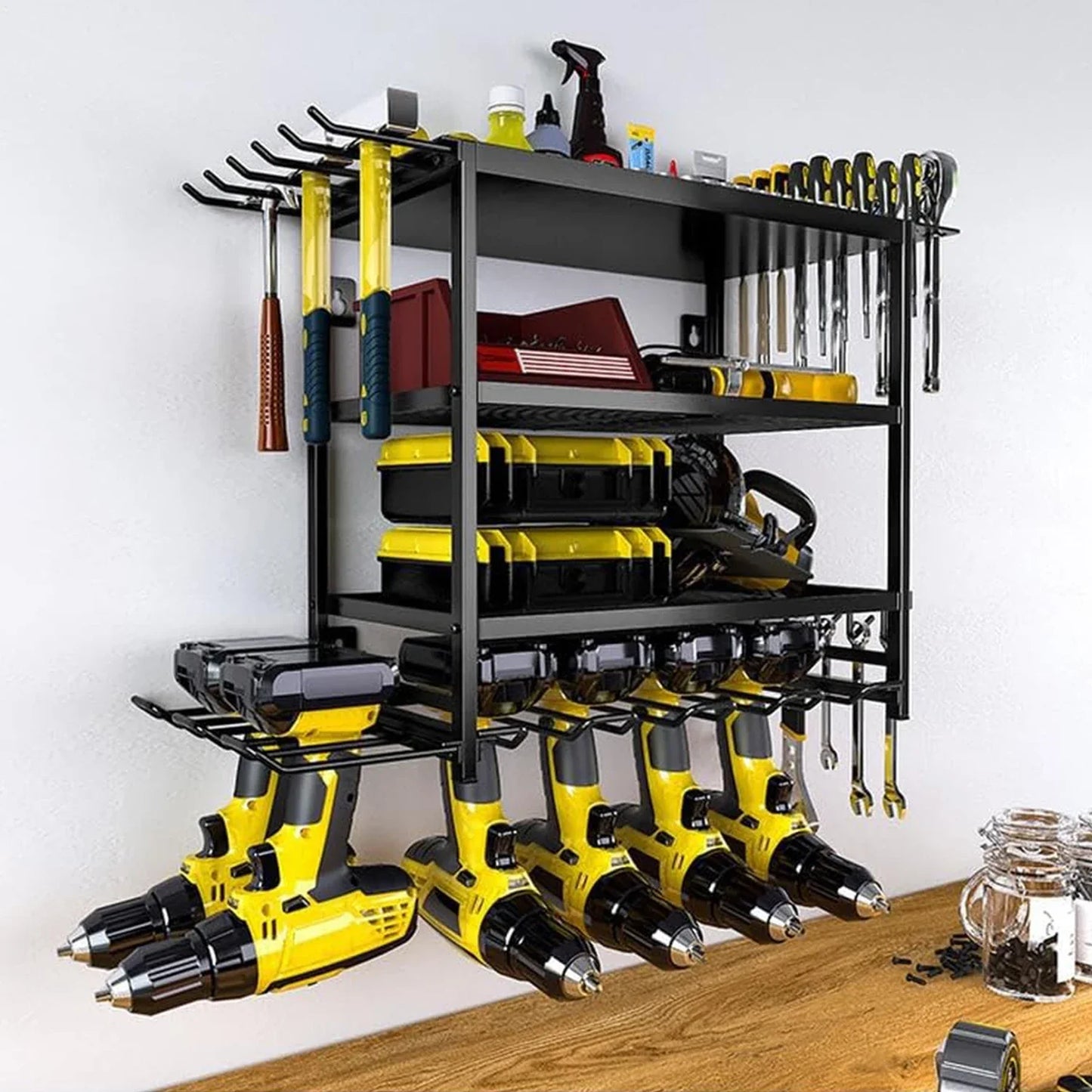 Power Tool Storage Wall Mounted Rack 4 Layer Power Drill Tool Holder Heavy Duty Tool Shelf for Garage, Workshop