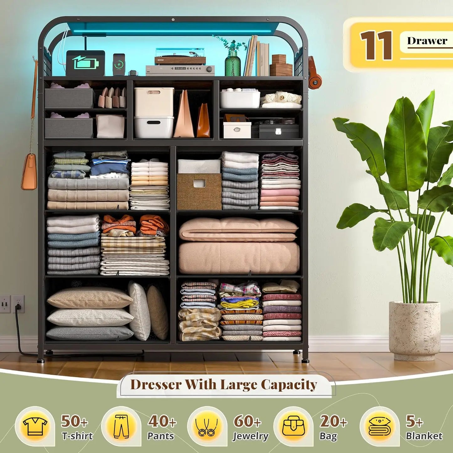 47" H Dressers & Chests of Drawers with LED Lights & Charging Station, Dresser for Bedroom with 11 Fabric Drawers & 4 Hooks