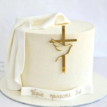 Ins Cross Christ Birthday Cake Topper Gold Acrylic Dove Cross for Eucharist Baby Baptism Party Cake Toppers Dessert Decoration