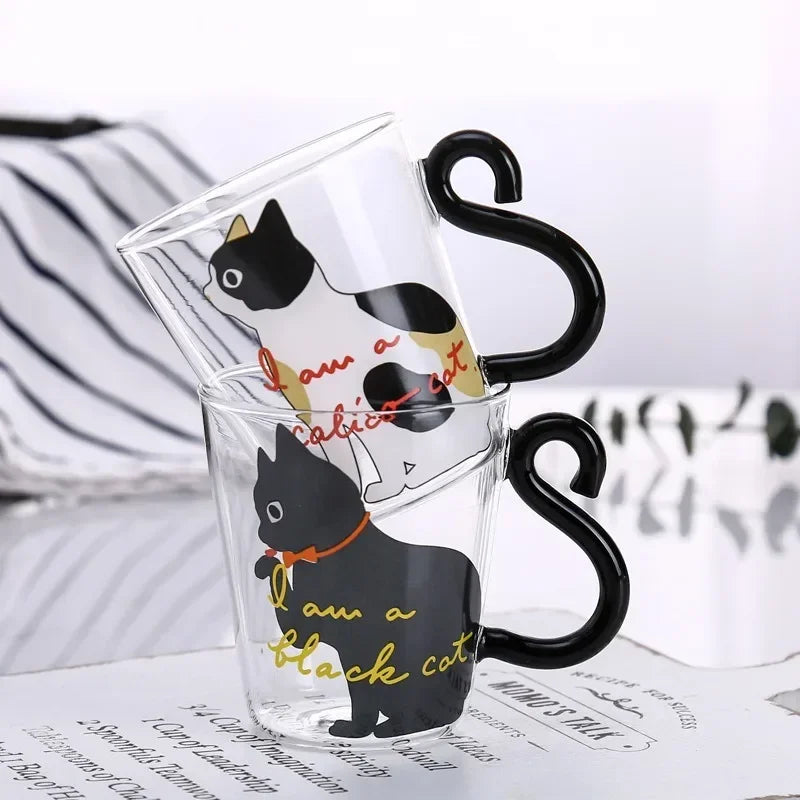 JUSTINLAU 3D Cat Tail Coffee Mug 250ml High Borosilicate Glass Heat-resistant Water Cups Home Breakfast Milk Cup for Cat lover