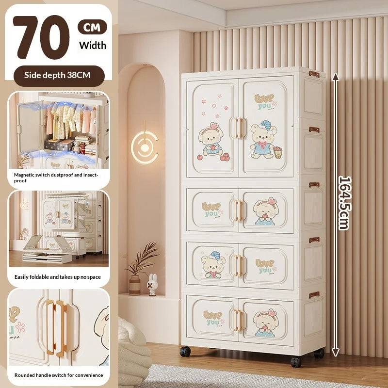 Cartoon Kids Wardrobe Foldable Plastic Clothes Storage Cabinet Nursery Organizer Space Saving Baby Closet Wardrobe White