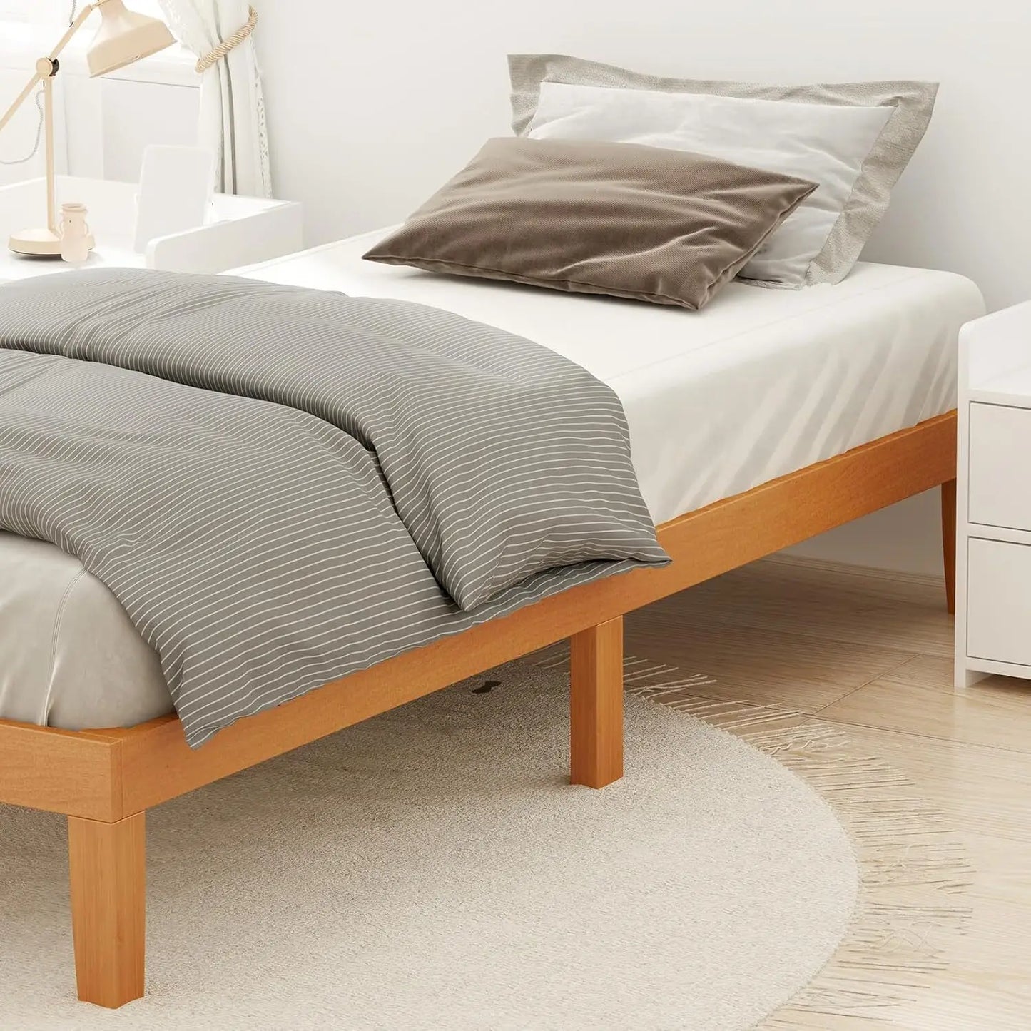 Queen Size Wood Bed Frame 12in Wooden Platform Bed Foundation with Support Slats