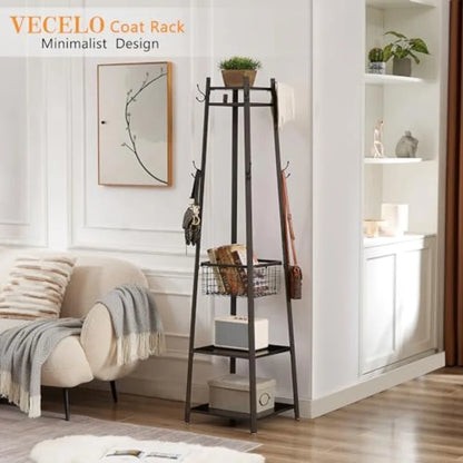 Coat Rack FreestandingHall Tree with Metal Basket and Storage Shelves Industrial Coat Rack Stand with 8 Hooks for Hanging Coats