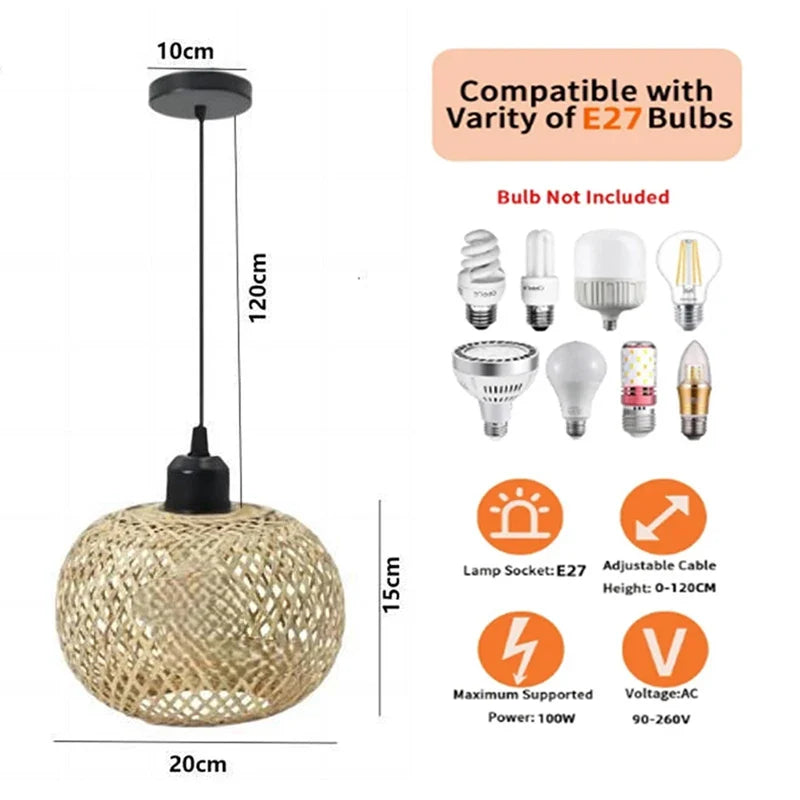 Retro Bamboo Pendant Lamp Woven Chandelier Hanging Lamp Handmade Rattan Pendant Light Fixture Restaurant Dining Room Indoor Ligh