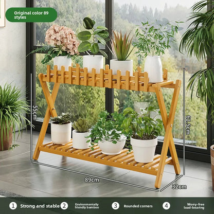 Natural Bamboo Multi Tier Floor Plant Stand Mobile Flower Pot Shelf Indoor Outdoor Balcony Living Room Succulent Display