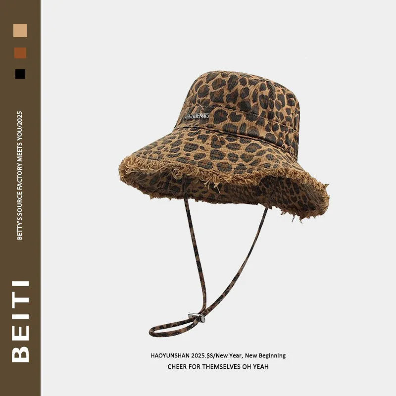 Hat, women's style, American leopard print fisherman hat, face enhancing small basin hat, spicy girl feng shui bucket hat