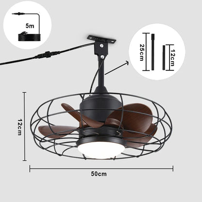 Industrial Style Ceiling Fan with Light and Remote Control Black Round Cage Outdoor Waterproof Fan with Hook for Patios Porch