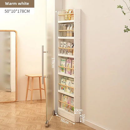 Solid wood bookshelf, floor standing wall mounted multi-layer storage rack, household bookshelf, thin bookshelf behind the door