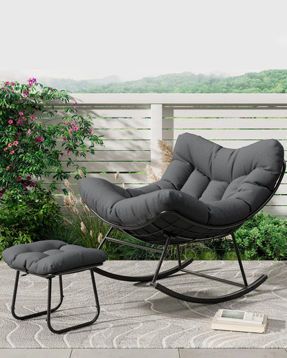 Oversized Papasan Rocking Chair With Ottoman, Outdoor Lounge Egg Rocker For Porch Balcony Backyard, Heavy Duty 450lb Capacity