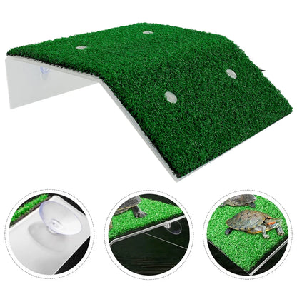 Fish Tank Lawn Turtle Basking Platform Turtle Climbing Platform with Suction Cup Simulation Turf Turtle Ramp Ladder for Aquarium