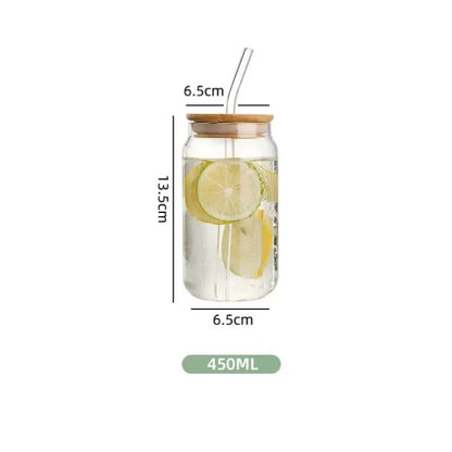 450ml/550ml Transparent Glass Cup with Wooden Lid and Straw Home High Borosilicate Glass Juice Cup Water Cup Drinking Utensils