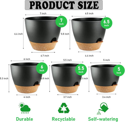 5-Pack Self-Watering Plant Pots with Drainage, 7/6.5/6/5.5/5 Inch, Indoor Outdoor Plastic Flower Pots for Succulents Herbs