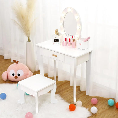 Kids Vanity Set, Pretend Play Girls Vanity Table and Chair Set with Lighted Mirror,Stool,Wood Makeup Playset,Birthday Gift