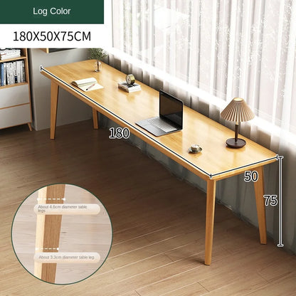 Double desk with solid wood legs, long and simple, for home use, near a window or wall, narrow table/workbench