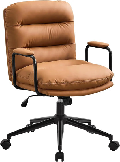 Leather Home Desk Chair, Comfortable Executive Office Chair with Wheels, Ergonomic Computer Task Chair Adjustable Height, Brown