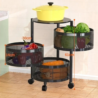 Kitchen Organizer Trolley Cart Rolling Foldable Portable Storage Multi Tier Round Fruit Vegetable Shelf No Assembly Furniture
