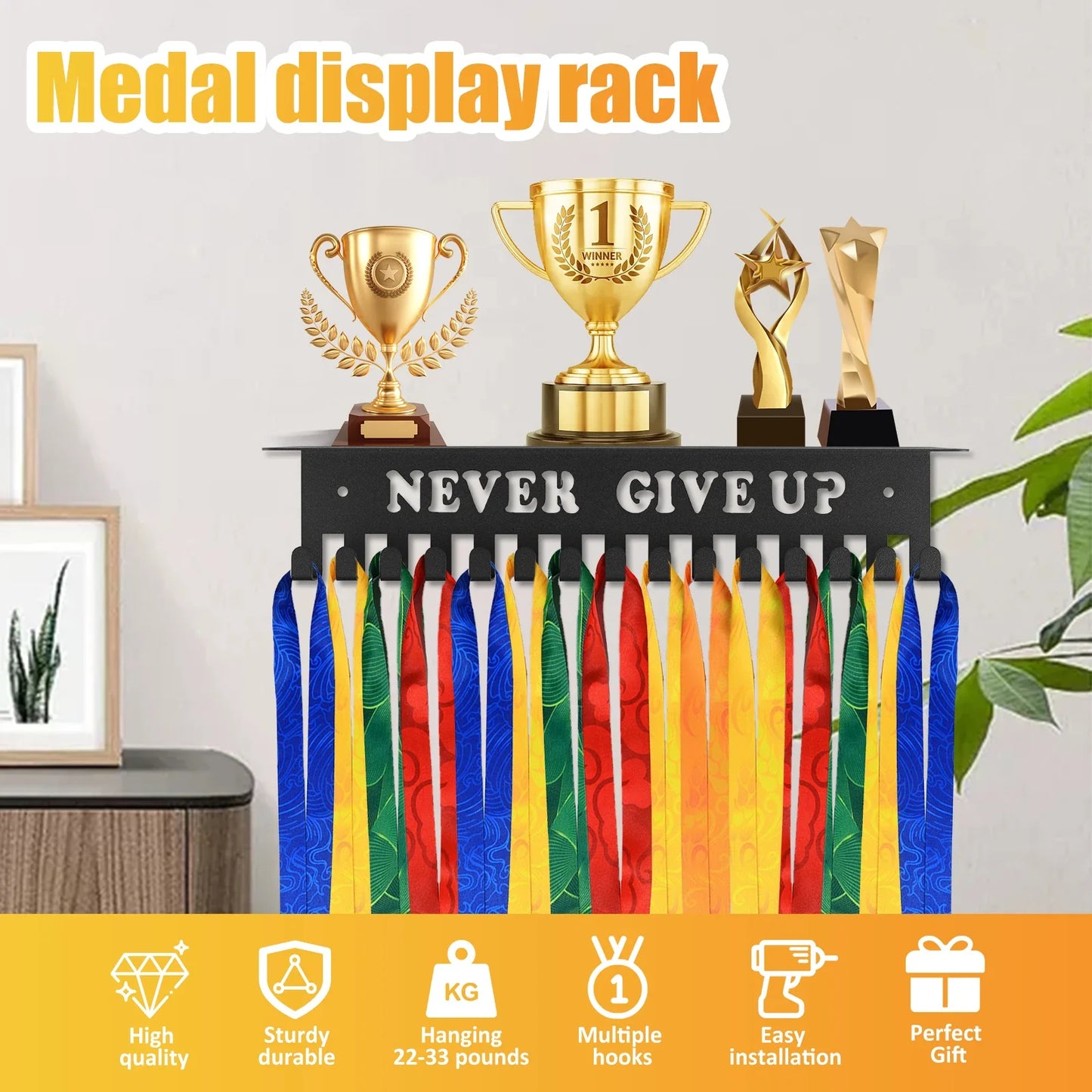 Medal Hanger Display Rack Wall Mount Metal Trophy Rack Ribbons Medals Display Hanger with Inspirational Words for Soccer Race