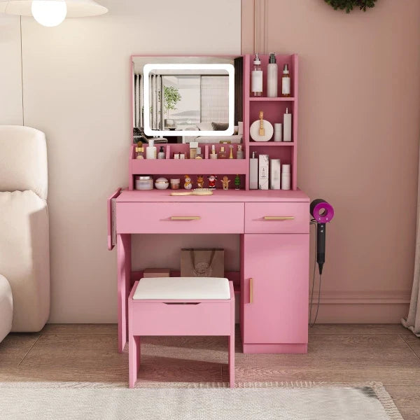Vanity Desk with LED Mirror Lights and Power Outlet Charging Station, Makeup Dressing Table with 3