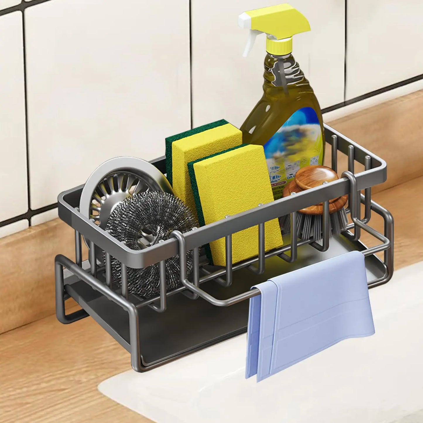 Sink Organizer Dish Brush Holder Rustproof Plastic Sink Sponge Holder with Auto Drain Tray Kitchen Soap for Brush Soap