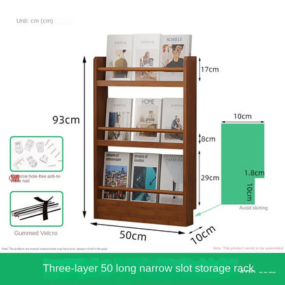 Behind the door, there is a small bookshelf, a multi-layer solid wood ultra-thin bookcase, a newspaper rack, a narrow slit child