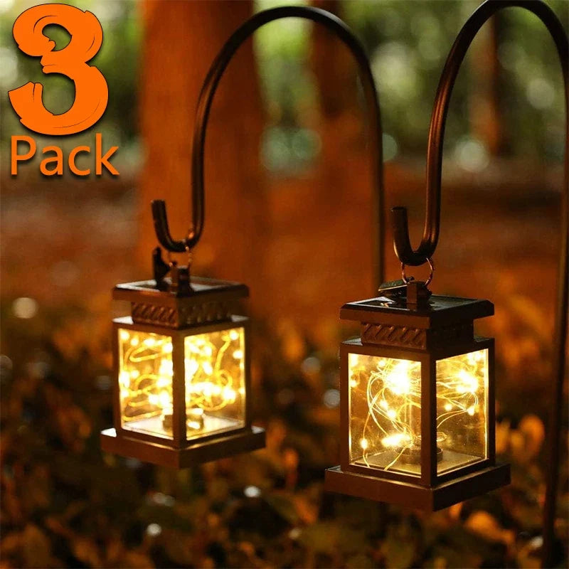 Set of 3 Outdoor Hanging Lamp Lights Solar Powered with Handle LED Table Lamps Decorative Lantern for Garden Patio Backyard