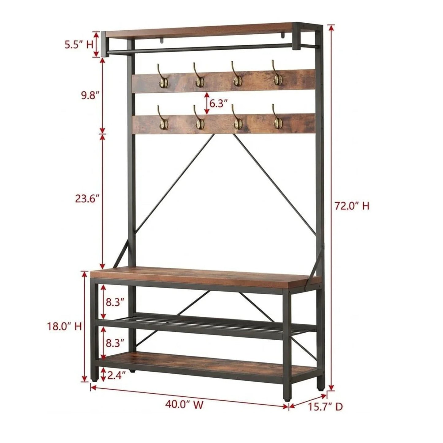 Industrial Hall Tree Coat Rack with Bench & 3-Tier Shoe Storage, 8 Hooks, Sturdy Metal Frame,Entryway Organizer for Hallway