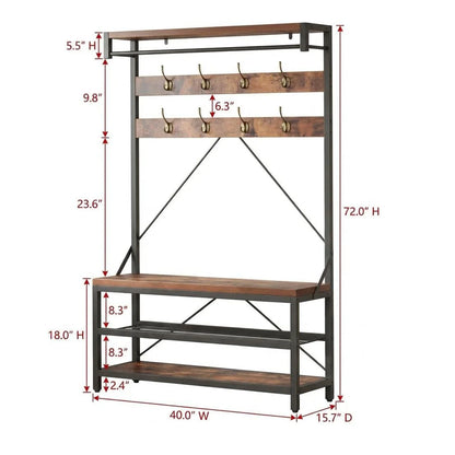 Industrial Hall Tree Coat Rack with Bench & 3-Tier Shoe Storage, 8 Hooks, Sturdy Metal Frame,Entryway Organizer for Hallway