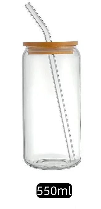 350ml/550ml Glass Cup Cola Cold Drink Water Cup with Bamboo Lid Coffee Milk Juice Straw Mug Beer Can Drink Home Breakfast Cup