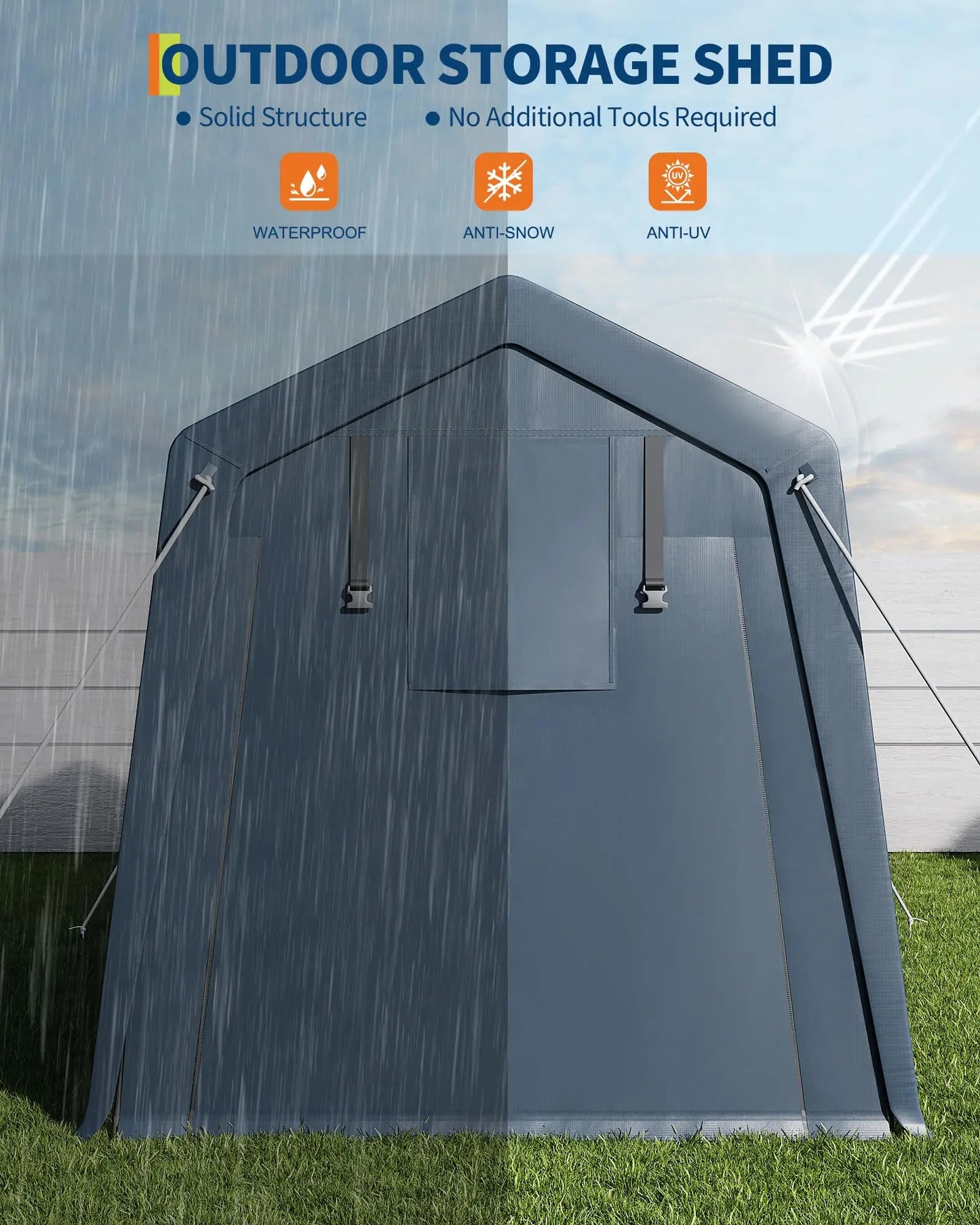 6x8 FT Heavy Duty Outdoor Storage Shed Portable Steel Frame Shelter With Waterproof PE Tarp Cover Dual Zipper Doors & Mesh Vents