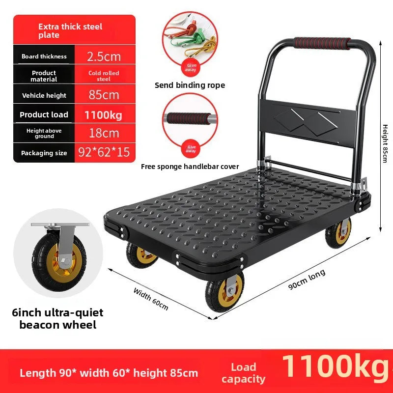 Steel plate pulling trolley trolley trolley handling thickened foldable portable silent trailer pulling flat truck