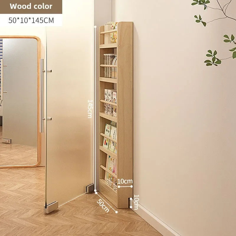 Solid wood bookshelf, floor standing wall mounted multi-layer storage rack, household bookshelf, thin bookshelf behind the door