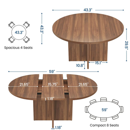 Extendable Round to Oval Dining Table For 4-8, Modern Expandable Kitchen Table With Removable Leaves, Space Saving Dinner Table