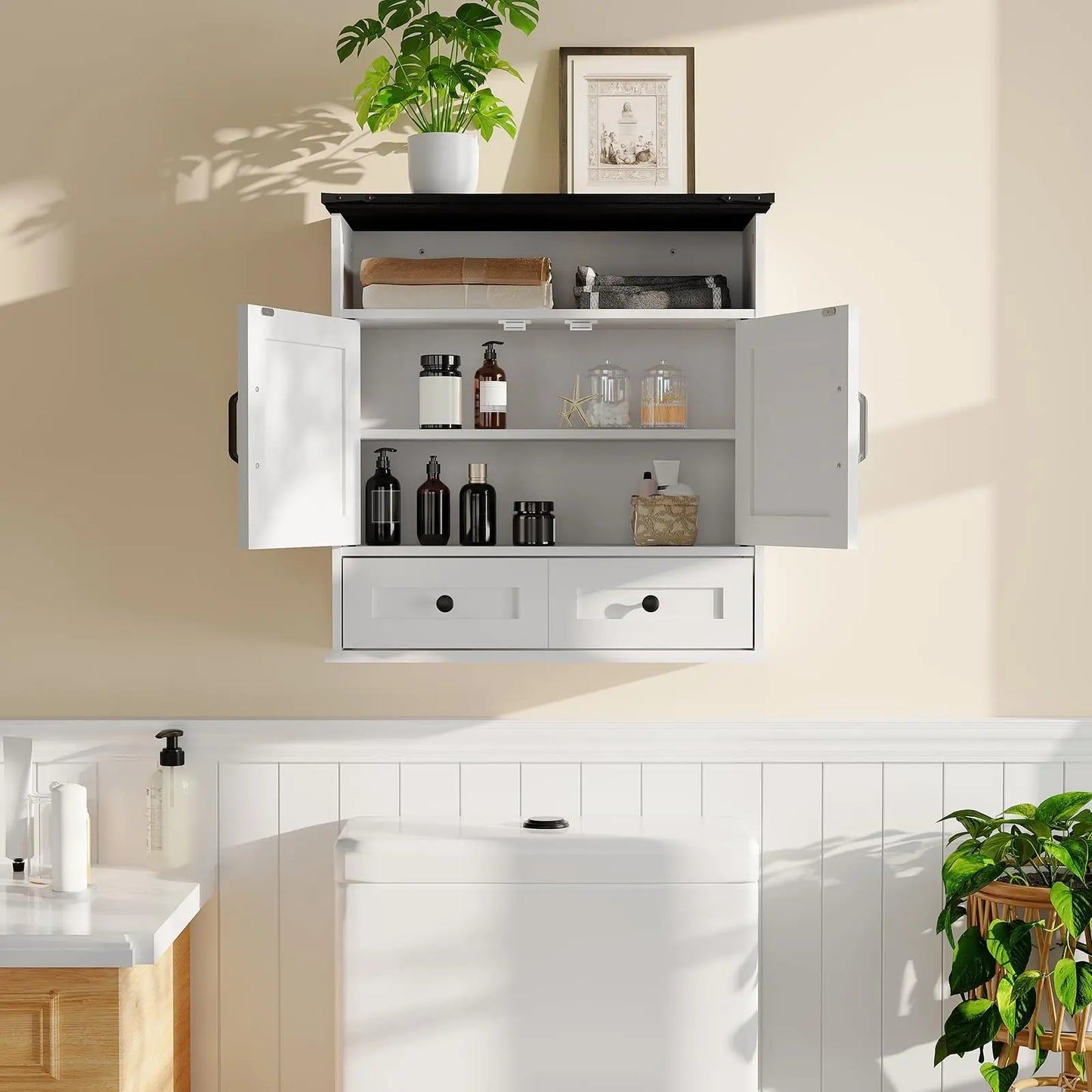 Wall Mounted Farmhouse Medicine Cabinet Over Toilet Storage With Barn Doors Adjustable Shelves Removable Drawer Bathroom Cabinet