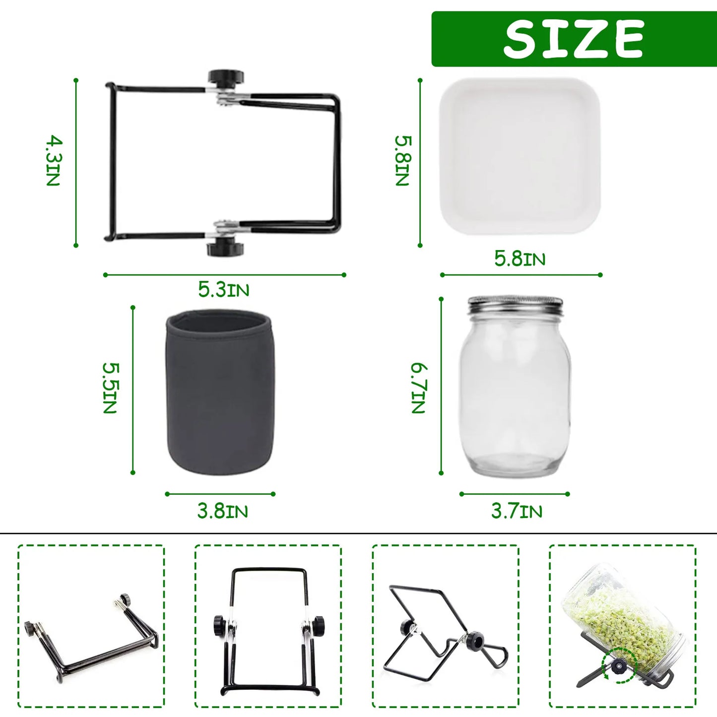 Seed Sprouting Jar Kit Durable Glass Bean Sprouts Growing Kit with Stainless Steel Screen Sprout Lids Stands Shading Cloths Tray