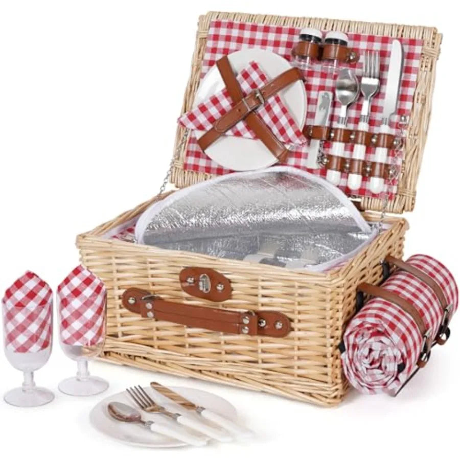 Picnic Basket Set for 2 - Wicker Picnic Basket with Waterproof Blanket and Insulated Liner Large Handmade Willow Hamper with Cu