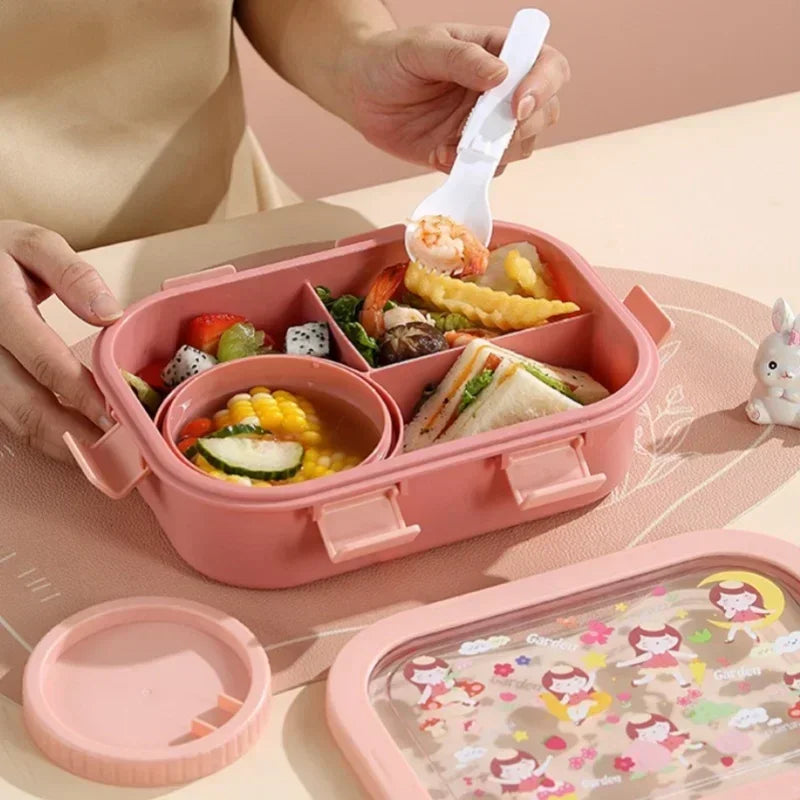 1000/1350ml Portable Cartoon Bento Box with Soup Bowl  Lunch Box Buckle Design Sealed Leak-proof Picnic Food Storage Container