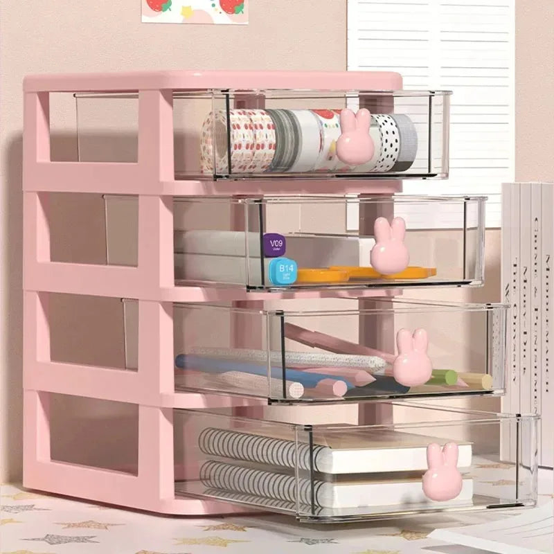 2-5 Layers Clear Stacking Drawer Organizer Multi-Tier PP Storage Box Cartoon for Office/Beauty Products, Modular Desktop System