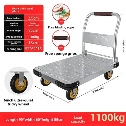 Steel plate pulling trolley trolley trolley handling thickened foldable portable silent trailer pulling flat truck