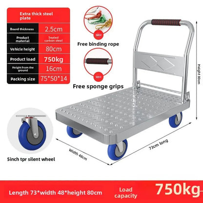 Steel plate pulling trolley trolley trolley handling thickened foldable portable silent trailer pulling flat truck