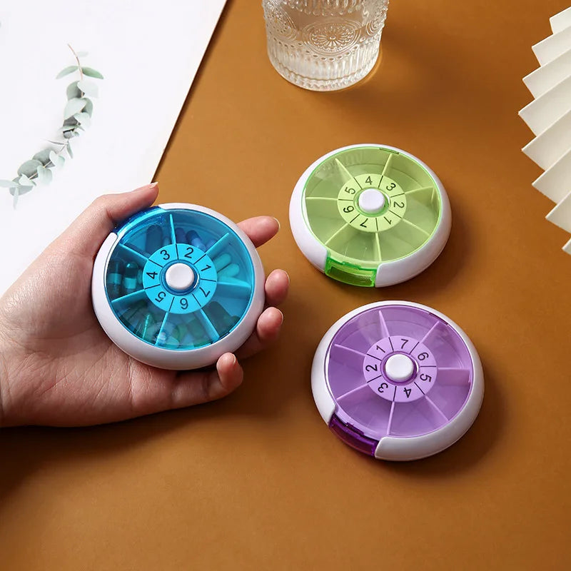 7-Day Weekly Pill Organizer - Portable Round Rotary Pill Box with 7 Compartments, Mini Medicine Case for Pills & Beads Storage