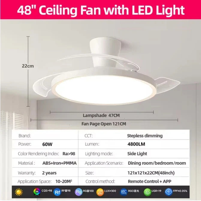 Modern Invisible LED Ceiling Fan with Light Large Air Volume 3 folding blades for Bedroom Dining room Electric fan AC220V