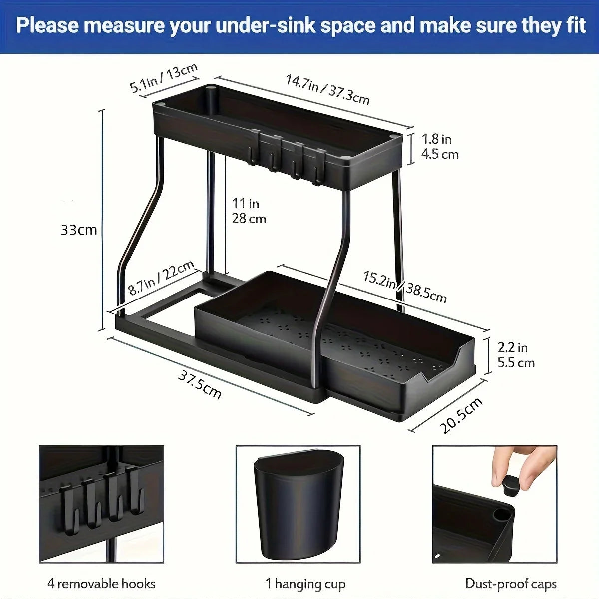 2 Tier Pull Out Storage Space Saving Box R-shaped Simple Durable Large Capacity Kitchen Bathroom Essential Drawer Organizer