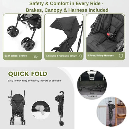 Umbrella Stroller, Lightweight Compact Foldable Baby Stroller for Travel, Easy One-Hand Fold, Multi-Position Canopy