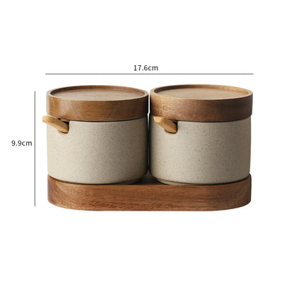 JUSTINLAU Ceramic Seasoning Jar Japanese Spice Container with Bamboo Lid Spoon Home Oil Pot Seasoning Bottle Tray Kitchen Tools