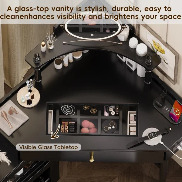 Vanity Desk Set with Storage Cushioned Stool and Charging Station, Triangle Makeup Desk with