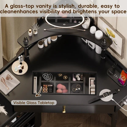 Vanity Desk Set with Storage Cushioned Stool and Charging Station, Triangle Makeup Desk with