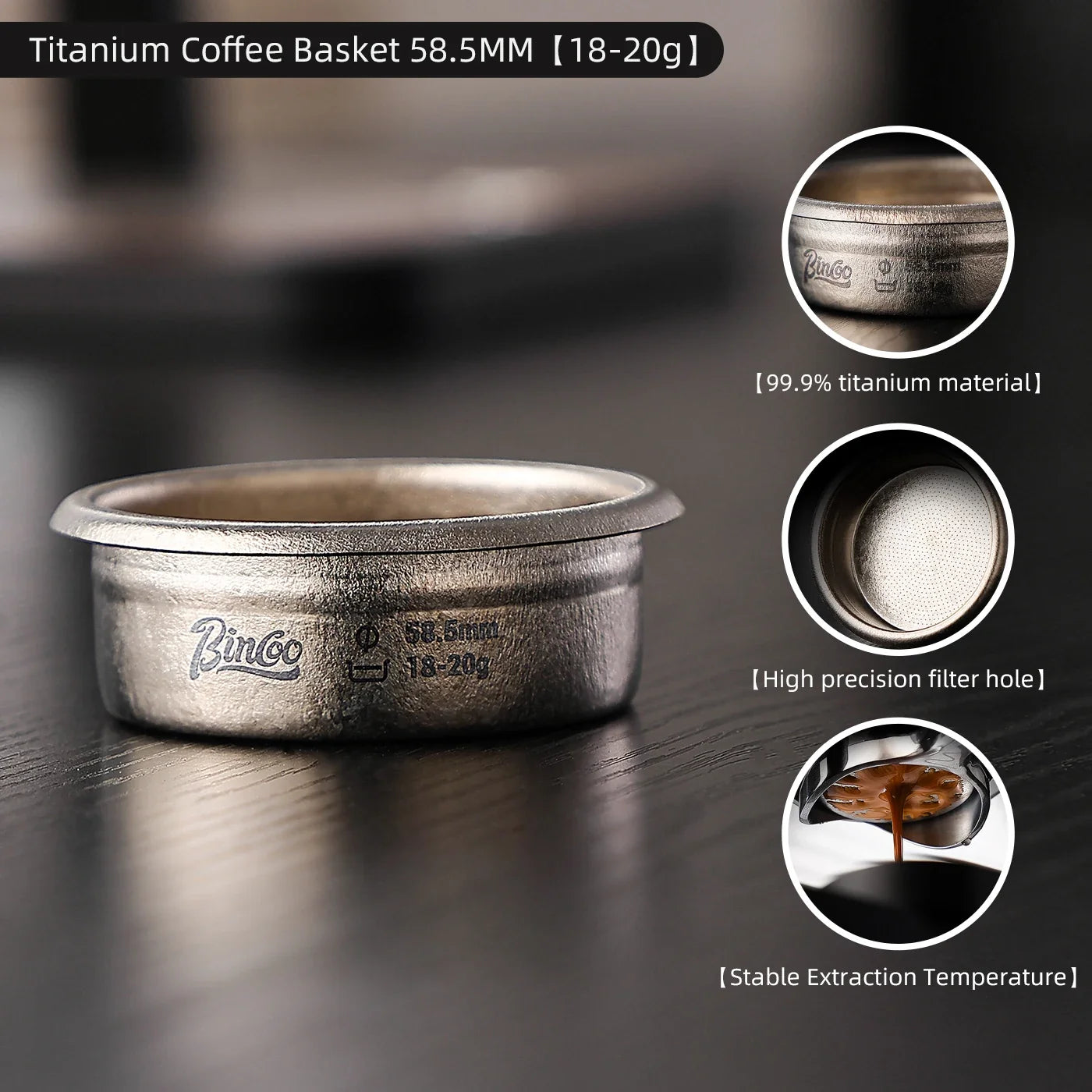 Bincoo Titanium Precision Portafilter Basket 58.5mm Professional Espresso Extraction Tool for Even Coffee Grounds Distribution