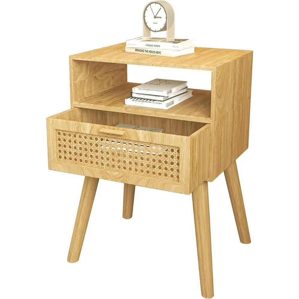 Nightstand with Rattan Door Wooden Bedside Table End Table 1 Drawer Storage